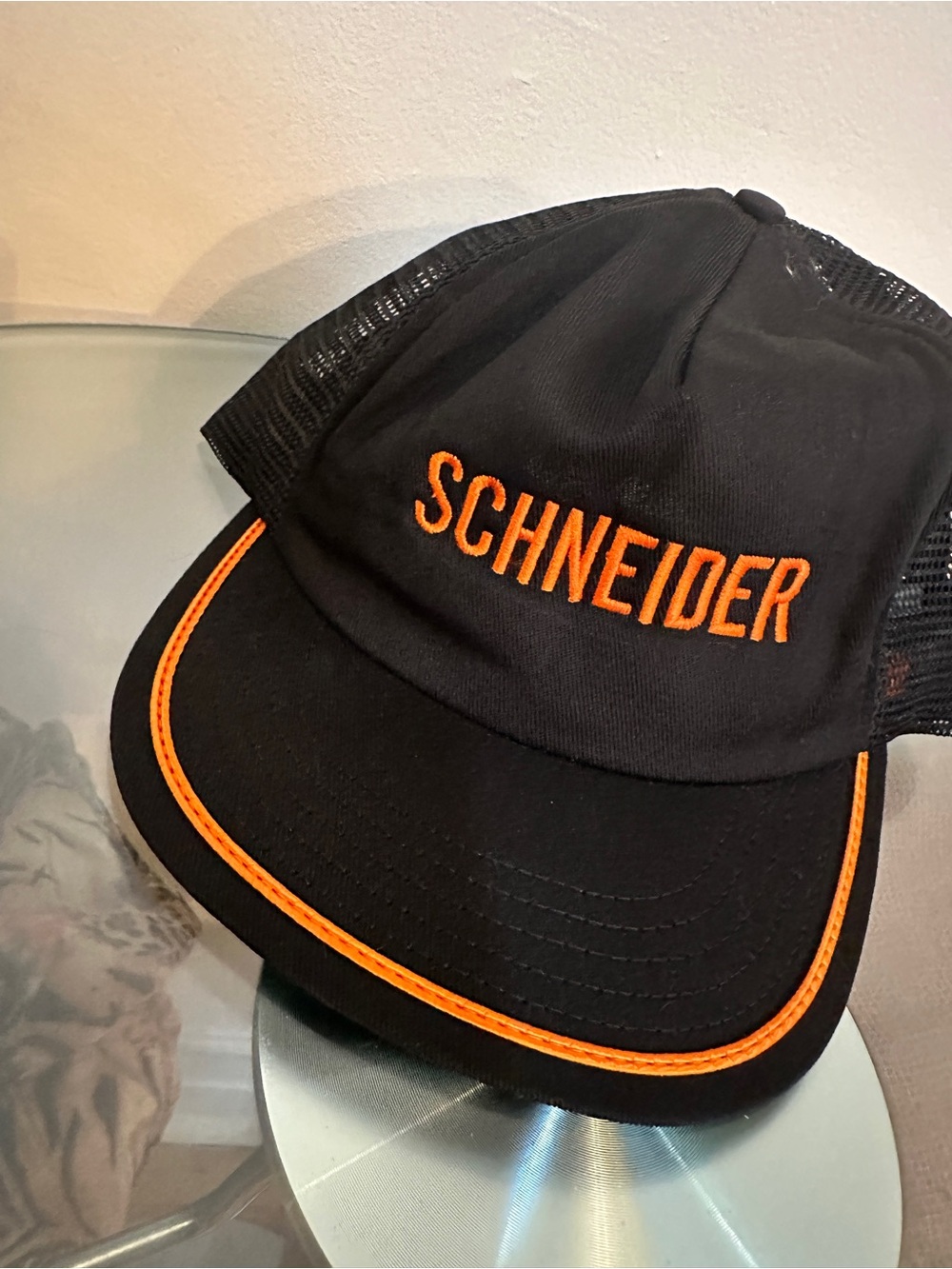 Vintage Style Schneider Trucker Hat with Orange Embroidery